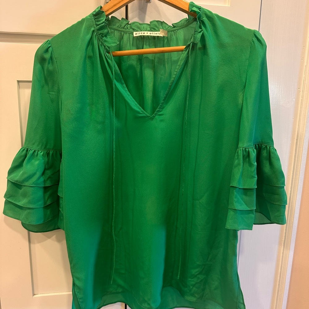 Alice + Olivia Emerald Green Ruffle Sleeve V-Neck Blouse